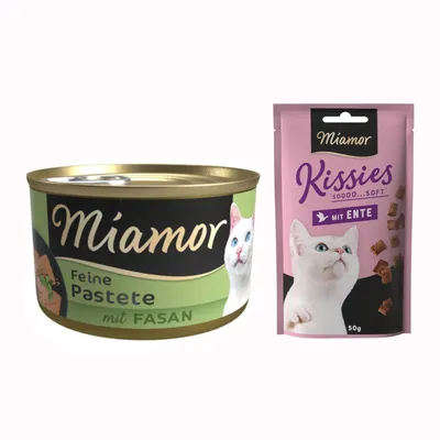 Miamor Fine Pâtée au faisan en boîte et Miamor Kissies au canard, sachet de 50 g, tous deux avec motif de chat Miamor Fine Pâtée au faisan en boîte et Miamor Kissies au canard, sachet de 50 g, tous deux avec motif de chat