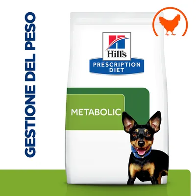 Hill's Prescription Diet Metabolic, confezione di alimento per cani. Testo visibile: 'GESTIONE DEL PESO'. Simbolo arancione di pollo in alto a destra.