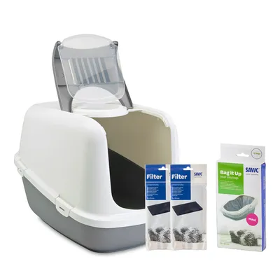 Savic Katzentoilette Nestor Jumbo - Toilette hellgrau / weiss + 2 extra Filter + 6 Bag it up