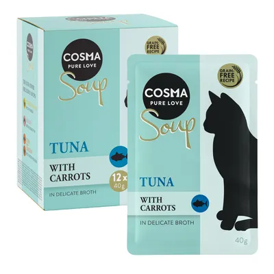 Cosma Pure Love Soup, bezzbożowa receptura, tuńczyk z marchewką w delikatnym bulionie. Opakowanie zawiera 12x40g saszetek.