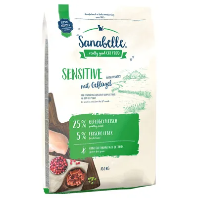 Sanabelle Sensitive с птицей, 25% мяса птицы, 5% свежей печени, без злаков с глютеном, для чувствительных кошек от 12 месяцев, упаковка 10 кг.