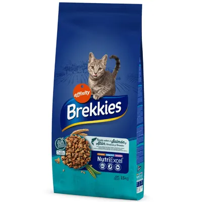 Affinity Brekkies pienso seco para gatos, receta con salmón, verduras y cereales, fórmula NutriExcel, tamaño del paquete 15 kg.