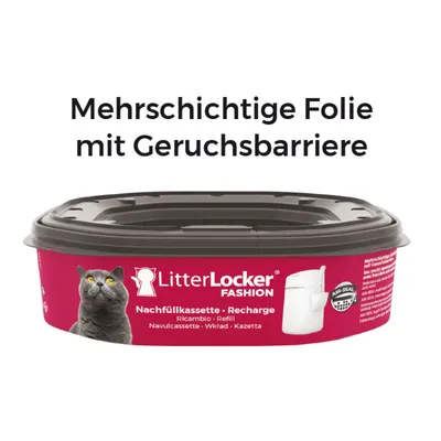LitterLocker FASHION Nachfüllkassette Recharge, texte en allemand : Mehrschichtige Folie mit Geruchsbarriere. Image d'une recharge pour bac à litière avec photo de chat.