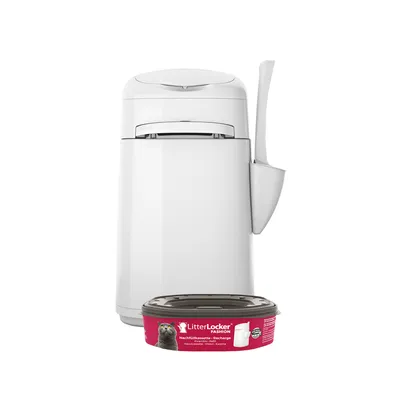 LitterLocker Fashion refill cassette for odour-proof disposal of cat litter, shown with white LitterLocker container.