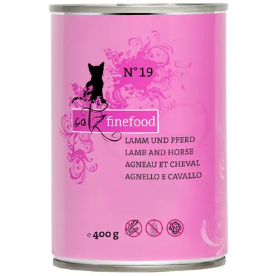 Embalagem de 400 g de catz finefood N°19, sabores borrego e cavalo. Texto em vários idiomas e ícones visíveis na parte inferior.