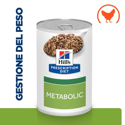 Scatoletta Hill's Prescription Diet Metabolic, scritta 'GESTIONE DEL PESO' a sinistra e icona arancione di pollo in alto a destra. Scatoletta Hill's Prescription Diet Metabolic, scritta 'GESTIONE DEL PESO' a sinistra e icona arancione di pollo in alto a destra.
