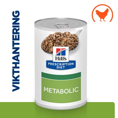 Hill's Prescription Diet Metabolic våtfoderburk med bild på foder, texten VIKTHANTERING och en orange siluett av en höna synliga på bilden.