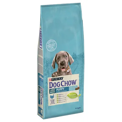 PURINA Dog Chow Large Breed Puppy, 14 kg torrfoderpåse. Synlig text: Naturium, kyckling, ris, omega 3 & 6, vitamin E, C och D. För valpar av stora raser.
