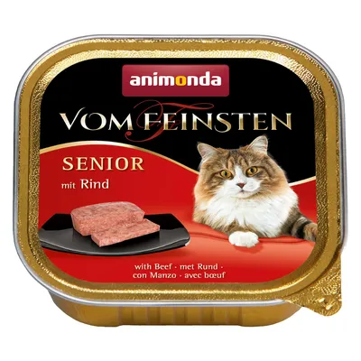 animonda Vom Feinsten SENIOR mit Rind - naudanlihaa sisältävä kissan märkäruoka, kannessa kuva kissasta ja annospaloista, tekstit myös englanniksi, saksaksi, italiaksi ja ranskaksi