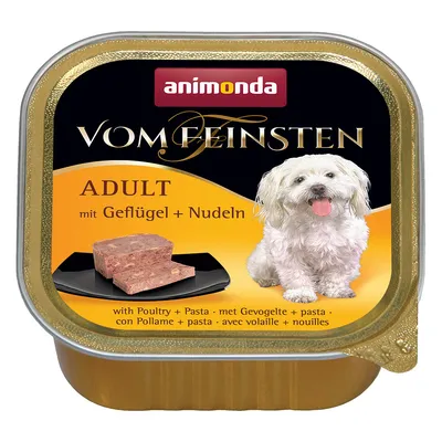 animonda Vom Feinsten ADULT mit Geflügel + Nudeln, koiran märkäruoka. Kuvassa annospala ja pieni valkoinen koira. Teksti: with Poultry + Pasta useilla kielillä. animonda Vom Feinsten ADULT mit Geflügel + Nudeln, koiran märkäruoka. Kuvassa annospala ja pieni valkoinen koira. Teksti: with Poultry + Pasta useilla kielillä.