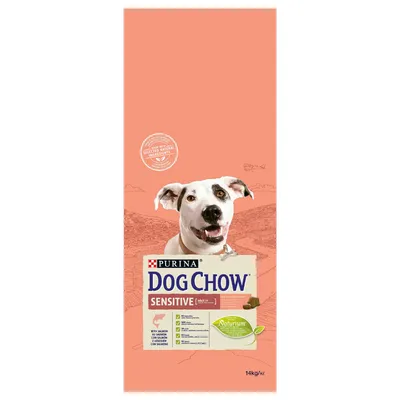 PURINA DOG CHOW Sensitive mit Lachs, Naturium-Komplex, 14kg. Produktbild zeigt Hund und Fütterungshinweise.