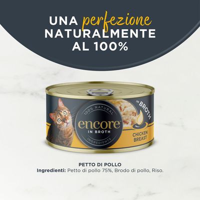 Encore in Broth, 100% ingredienti naturali, petto di pollo. L'immagine mostra una lattina con motivo di gatto e prodotto.