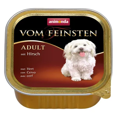 Корм для собак animonda Vom Feinsten ADULT mit Hirsch, изображение собаки на упаковке, текст на немецком, нидерландском, итальянском и французском языках.