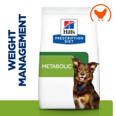 Hill's Prescription Diet Metabolic food packaging with weight management text and chicken icon visible.