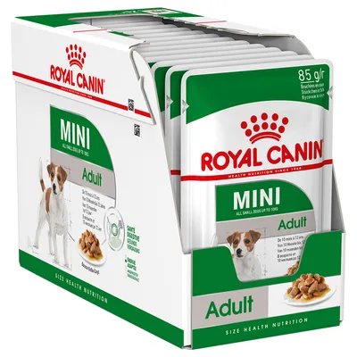 Pachet cu plicuri Royal Canin Mini Adult, 85 g, pentru câini de talie mică. Pe ambalaj: imagine câine, text vizibil 'MINI', 'Adult', 'All small dogs up to 10 kg', 'Santé digestive'.