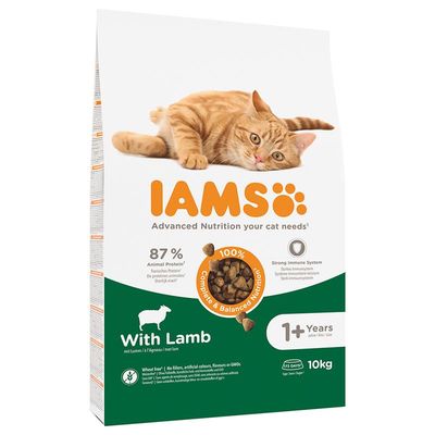 IAMS Katzenfutter mit Lamm, 10kg. 87% tierisches Protein, 100% ausgewogene Ernährung, starkes Immunsystem. Für Katzen ab 1 Jahr. Ohne Weizen, künstliche Zusätze oder Gentechnik.