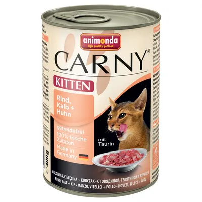 Animonda Carny Kitten märkäruoka, naudanliha, vasikka ja kana. Viljaton, 100 % tuoreet ainesosat, valmistettu Saksassa, sisältää tauriinia. 400 g tölkki, kissanpentu kuvassa.