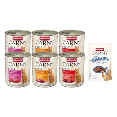 Animonda Carny Adult Huhn + Lachs, 100% frische Zutaten, ohne Getreide, Made in Germany, mit Taurin. Abbildung einer Katze und Fleischstücke.