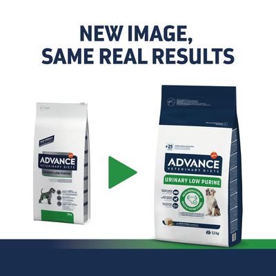 Verpakkingswijziging: Advance Veterinary Diets Urinary Low Purine, oud en nieuw design naast elkaar, volgens opgave dezelfde receptuur.