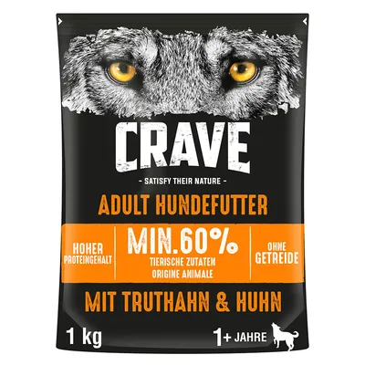 CRAVE Adult Hundefutter, min. 60% dierlijke ingrediënten, zonder granen, met kalkoen & kip, hoog eiwitgehalte, 1 kg, voor honden vanaf 1 jaar. Tekst deels in het Duits.