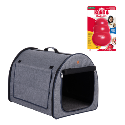 Lot avec jouet rouge KONG® et caisse de transport grise en tissu, symbole pourcentage indiquant une offre promotionnelle visible en haut à droite.
