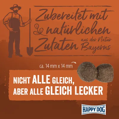 Zubereitet mit natürlichen Zutaten aus der Natur Bayerns. ca. 14 mm x 14 mm. Nicht alle gleich, aber alle gleich lecker. Happy Dog.