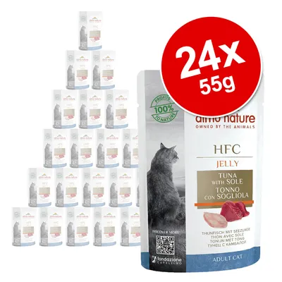 Multipack of 24 pouches, each 55g, HFC Jelly Tuna with Sole. Includes visible product packaging and a large red label showing quantity and weight.