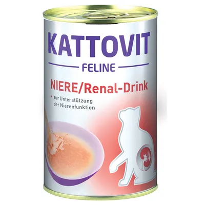 Kattovit Feline Niere/Renal-Drink na podporu funkce ledvin. Zobrazení misky s tekutinou a stylizovaným motivem kočky.