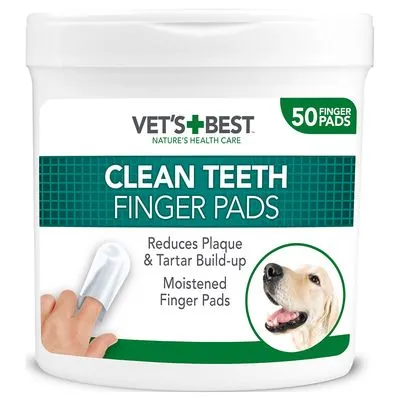 Vet's Best Clean Teeth Finger Pads, 50 stuks. Tekst: reduces plaque & tartar build-up, moistened finger pads. Afbeelding van een hond en vingerpad op verpakking.