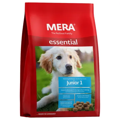 MERA essential Junior 1. Rețetă fără grâu, protecție articulară, nutriție completă pentru pui și câini tineri de rase mici și mari. Fabricat în Germania.