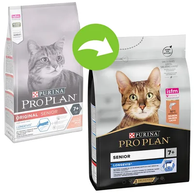Ambalaje hrană pentru pisici Purina Pro Plan Senior 7+ cu somon, vechi și nou, text vizibil: isfm, Longevis, fără coloranți adăugați, ingredient principal somon. Ambalaje hrană pentru pisici Purina Pro Plan Senior 7+ cu somon, vechi și nou, text vizibil: isfm, Longevis, fără coloranți adăugați, ingredient principal somon.