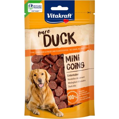 Vitakraft pure Duck Mini Coins andemønter, uden tilsat korn og tilsætningsstoffer, 100% magert andekød i kødindholdet, genanvendelig emballage.