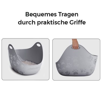 Пластиковая корзина LitterLocker с отпечатками лап, наполнена наполнителем, показаны удобные ручки для переноски. Вид сбоку и в руке.