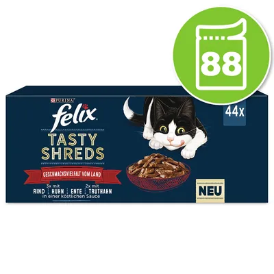 Boîte de 44 sachets Felix Tasty Shreds Purina pour chat, variétés bœuf, poulet, canard, dinde. Texte en allemand : Geschmacksvielfalt vom Land, NEU. Illustration de chat et bol.