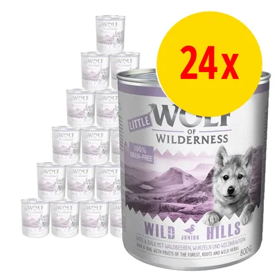 24x Wolf of Wilderness Little Wild Hills våtfoderburkar, 800 g, synlig text: 100% grain-free, Wild Junior Hills, anka & kalv med skogsbär, rötter och vilda örter.