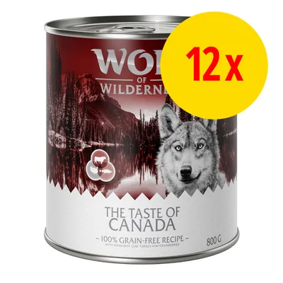 Wolf of Wilderness The Taste of Canada, 100 % spannmålsfri, 800 g. Gul cirkel med röd text: 12x. Synliga symboler för nötkött, torsk och kalkon.