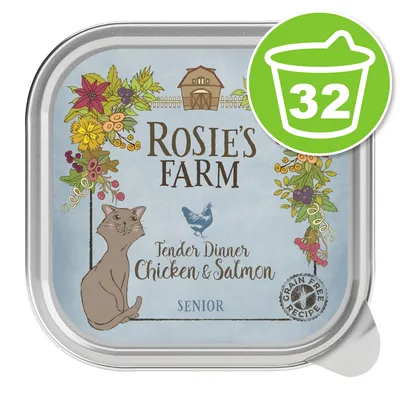 Rosie's Farm Tender Dinner Chicken & Salmon SENIOR, recette sans céréales, lot de 32 barquettes visibles sur l’emballage. Texte en anglais.