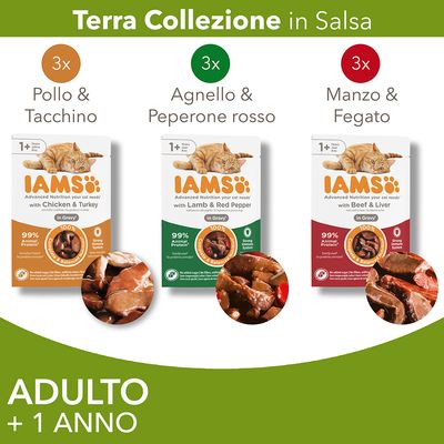 IAMS Terra Collezione in Salsa per gatti adulti 1+ anno: 3x Pollo & Tacchino, 3x Agnello & Peperone rosso, 3x Manzo & Fegato. 99% proteine animali, senza zuccheri aggiunti.