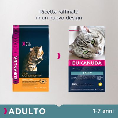 Eukanuba Adult Premium cibo secco per gatti, alimento completo ed equilibrato al 100%, senza grano, 90% proteine animali, per gatti da 1 a 7 anni. Confezione: 2 kg.