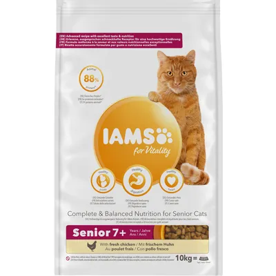 IAMS for Vitality Senior 7+ kissanruoka, tuoretta kanaa, eläinproteiini 88 %, 10 kg. Teksti: Complete & Balanced Nutrition for Senior Cats, Healthy joints, digestion, heart. IAMS for Vitality Senior 7+ kissanruoka, tuoretta kanaa, eläinproteiini 88 %, 10 kg. Teksti: Complete & Balanced Nutrition for Senior Cats, Healthy joints, digestion, heart.