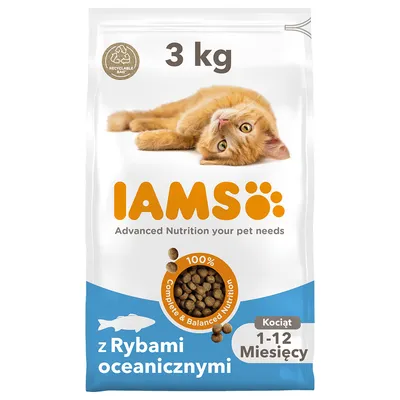 Karma IAMS z rybami oceanicznymi dla kociąt 1–12 miesięcy, 3 kg. Widoczny napis: 100% Complete & Balanced Nutrition. Opakowanie nadające się do recyklingu.