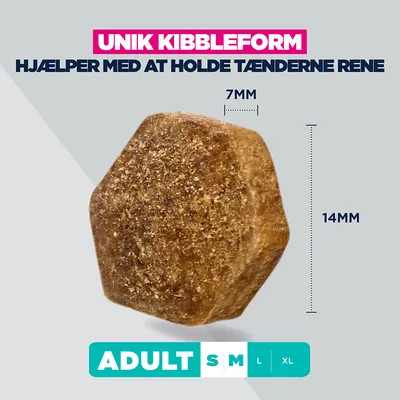 Kroket med unik form, mål: 7 mm x 14 mm. Tekst: Unik kroketform, hjælper med at holde tænderne rene. Størrelsesangivelse: Adult S M L XL. Kroket med unik form, mål: 7 mm x 14 mm. Tekst: Unik kroketform, hjælper med at holde tænderne rene. Størrelsesangivelse: Adult S M L XL.
