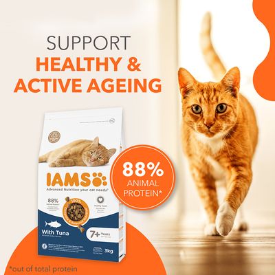 IAMS hrana za mačke s tuno, 88% živalskih beljakovin, za mačke od 7 let. 100% uravnotežena prehrana, zdravo srce, reciklirana embalaža, 3kg, brez umetnih dodatkov.