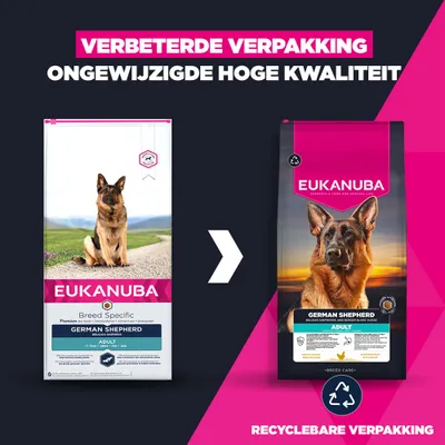 Eukanuba German Shepherd Adult. Vergelijk de oude en nieuwe verpakking, verbeterde recyclebare verpakking, kwaliteit onveranderd. Eukanuba German Shepherd Adult. Vergelijk de oude en nieuwe verpakking, verbeterde recyclebare verpakking, kwaliteit onveranderd.