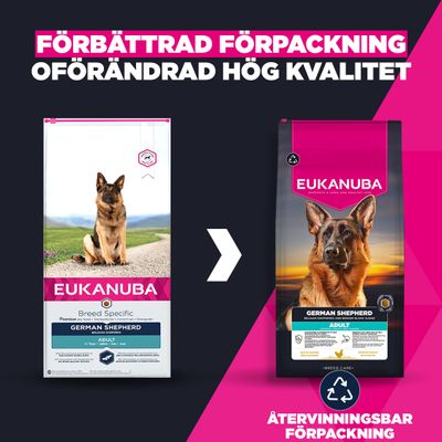 Jämförelse mellan den gamla och nya förpackningen av Eukanuba German Shepherd Adult. Observera den förbättrade, återvinningsbara förpackningen med bibehållen hög kvalitet.