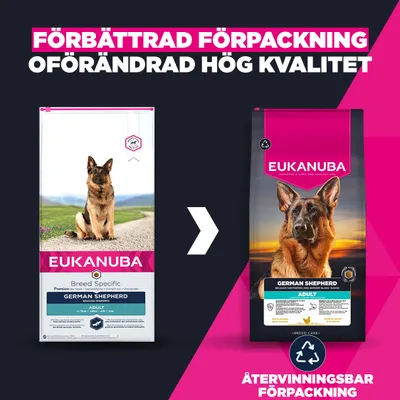 Jämförelse mellan den gamla och nya förpackningen av Eukanuba German Shepherd Adult. Observera den förbättrade, återvinningsbara förpackningen med bibehållen hög kvalitet.