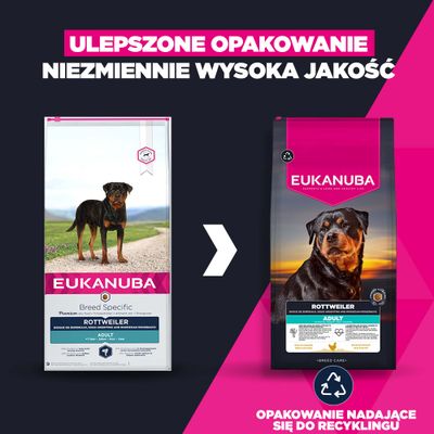 Eukanuba Rottweiler Adult Karma dla psów: porównanie starego i nowego wzoru opakowania. Uwaga: opakowanie nadaje się do recyklingu.