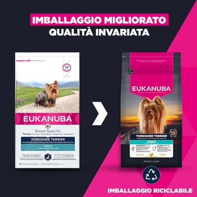 Eukanuba Yorkshire Terrier Adult, nuovo design della confezione riciclabile, qualità invariata. Confronto tra il vecchio e il nuovo design del prodotto.