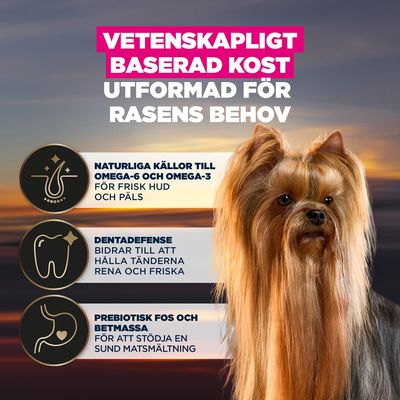 Vetenskapligt baserad näring, utvecklad för rasers behov: Omega-6 och Omega-3 för hud och päls, Dentadefense för tandhälsa, prebiotiska FOS och betmassa för matsmältning.