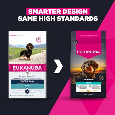 Eukanuba Dachshund Adult Dry Food: Packaging design change, same standards. Left: old design, right: new design with product information.